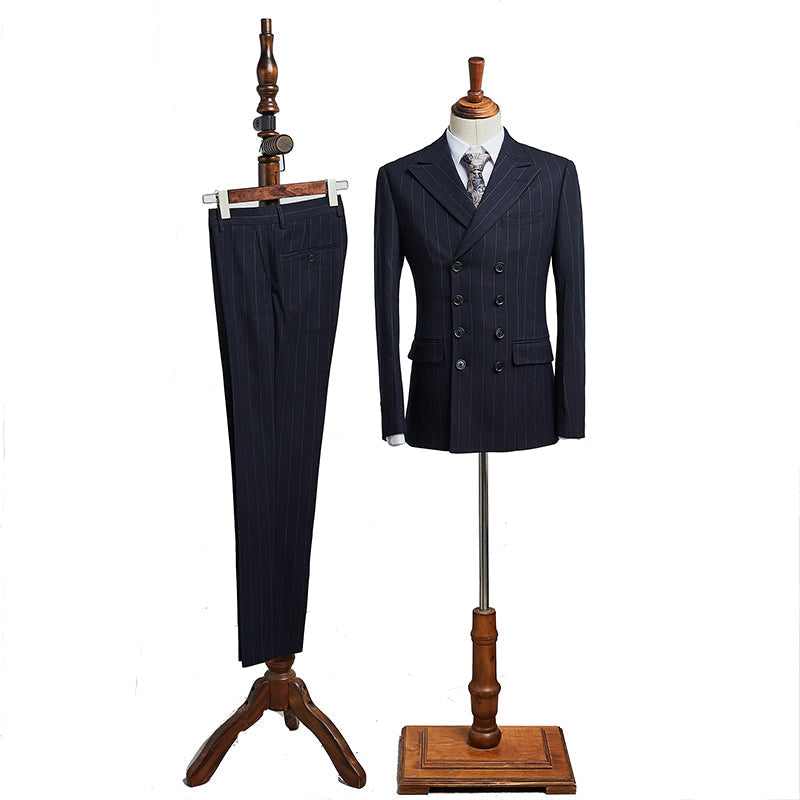 Elegant All Black Striped Double Breasted Tailored Business Suit