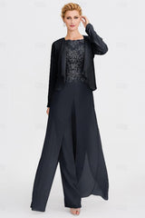 Elegant Bateau Half Sleeve Lace Top Chiffon Mother of Bride Jumpsuit with Wrap