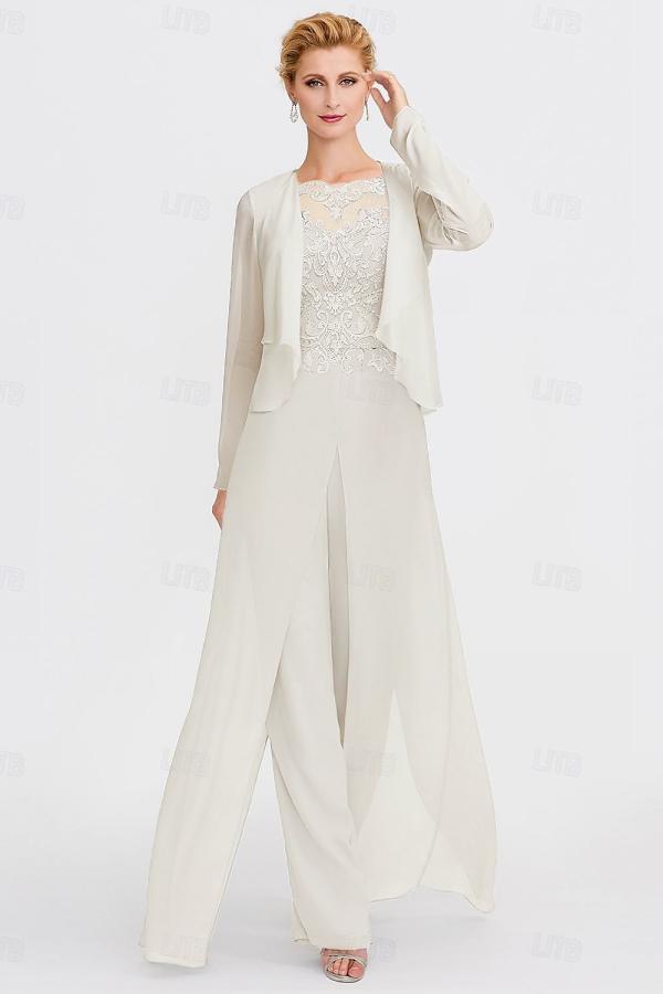 Elegant Bateau Half Sleeve Lace Top Chiffon Mother of Bride Jumpsuit with Wrap