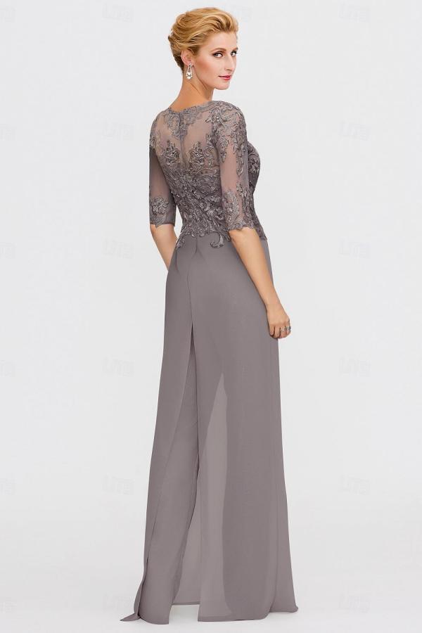 Elegant Bateau Half Sleeve Lace Top Chiffon Mother of Bride Jumpsuit with Wrap