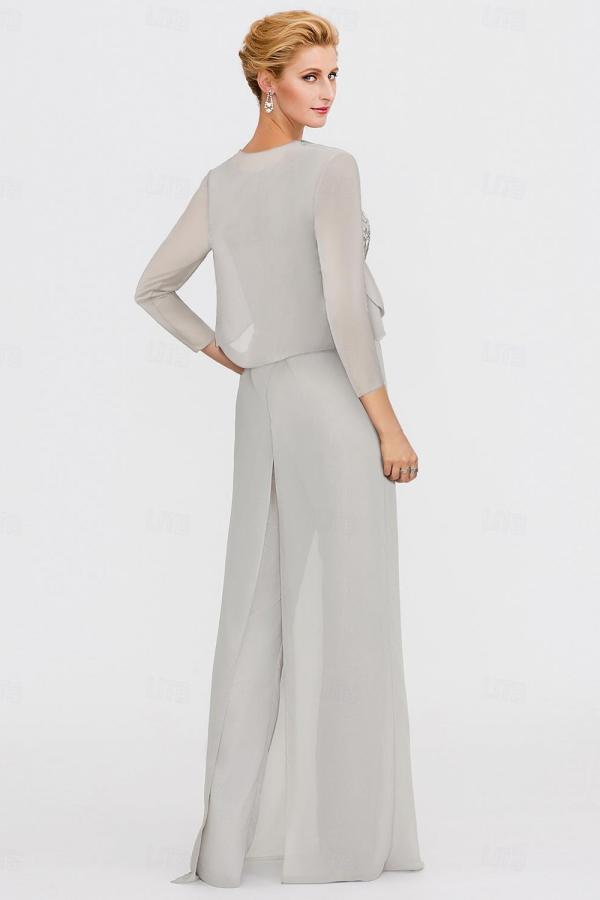 Elegant Bateau Half Sleeve Lace Top Chiffon Mother of Bride Jumpsuit with Wrap