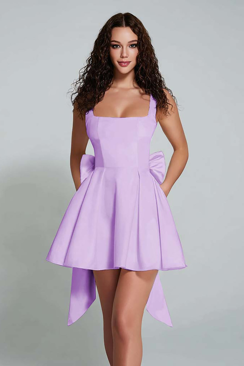 Elegant Black A-Line Square Neck Short Satin Homecoming Dress with Bow