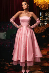 Elegant Black A-Line Strapless Sleeveless Tea-Length Satin Evening Dresses With Flowers