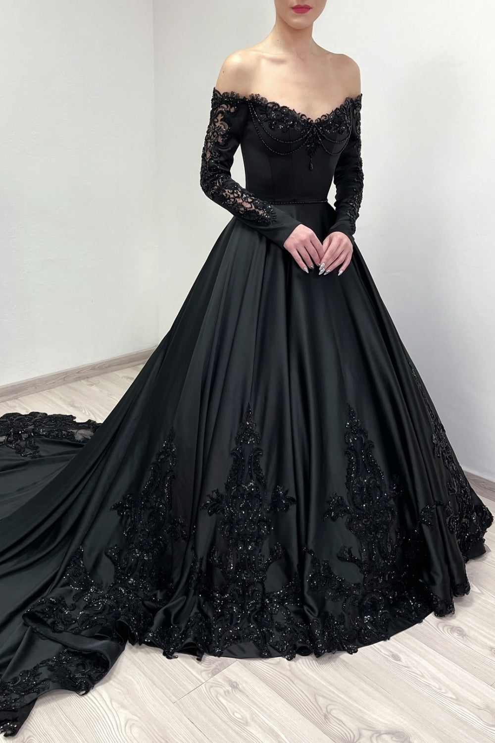 Elegant Black A-Line V-Neck Lace Off-The-Shoulder Long Sleeves Beading Sequined Cathedral Train Satin Ball Gown Evening Dresses