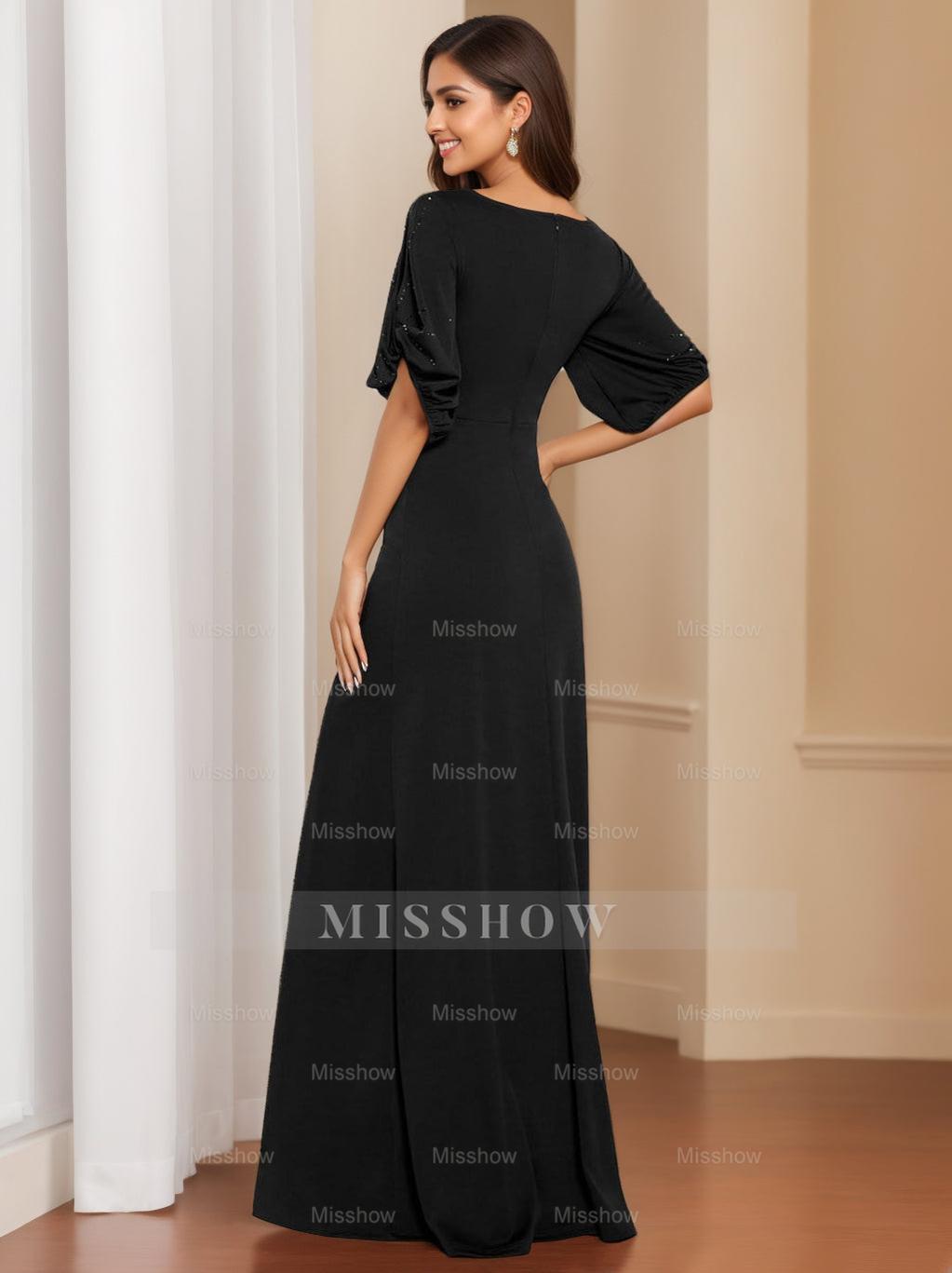 Elegant Black Floor-Length Mother of the Bride Dress with Round Neck and Half Sleeves