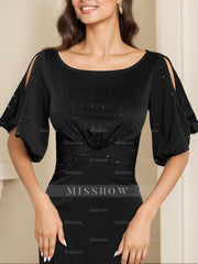 Elegant Black Floor-Length Mother of the Bride Dress with Round Neck and Half Sleeves