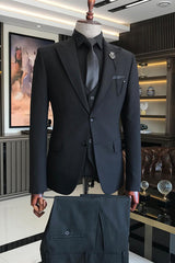 Elegant Black Peak Lapel Three-Piece Business Suit for Men