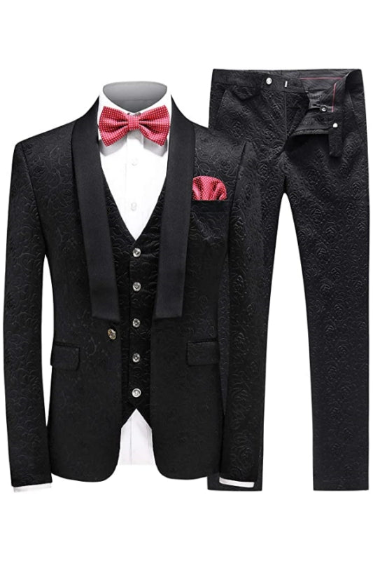 Elegant Black Shawl Collar Three-Piece Jacquard Wedding Attire for Men