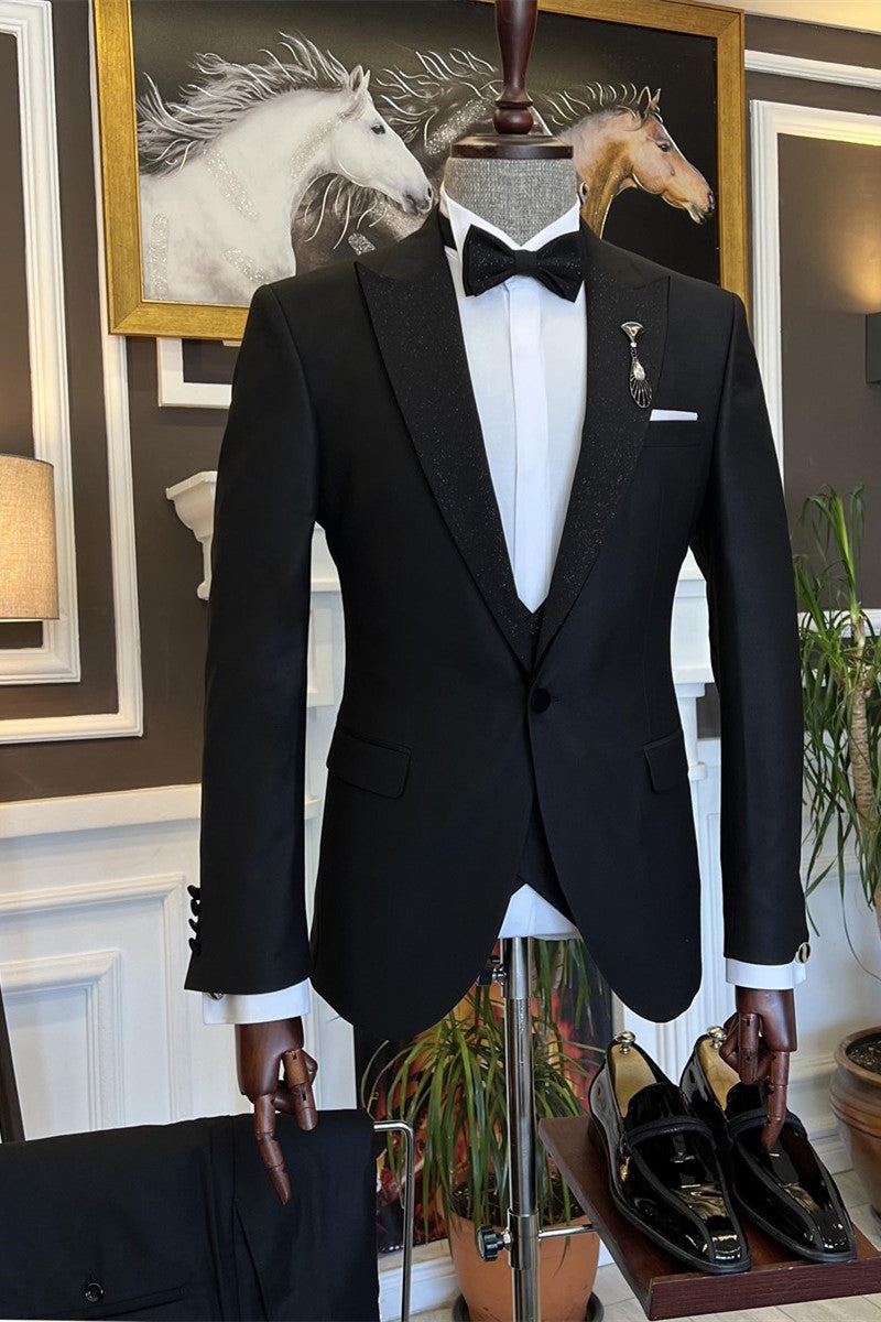 Elegant Black Sparkling Peaked Lapel Three-Piece Wedding Men’s Suits