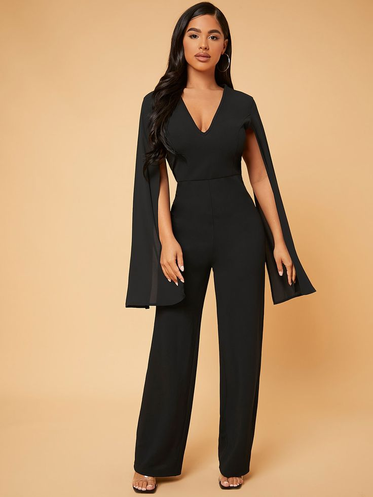 Elegant Black V-Neck Long Jump Suit With Cape Sleeves