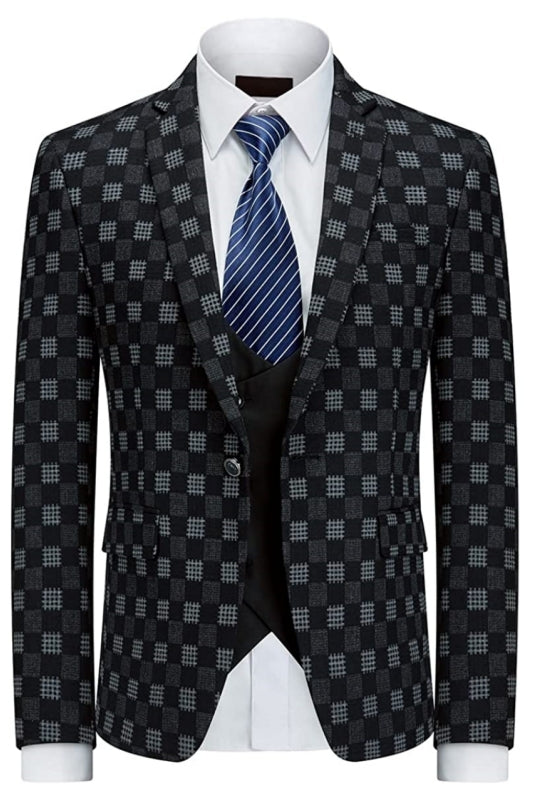 Elegant Black and Gray Plaid Three-Piece Business Suit for Men