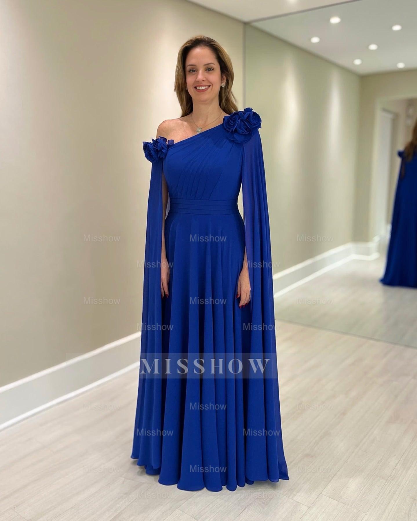 Elegant Blue A-Line Chiffon Mother of The Bride Dress One-Shoulder Cap Sleeves Bridesmaid Dresses With Ruffles Elegant Blue A-Line Chiffon Mother of The Bride Dress One-Shoulder Cap Sleeves Bridesmaid Dresses With Ruffles