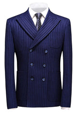 Elegant Blue Double-Breasted Peak Lapel Striped Business Attire