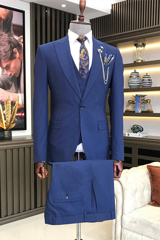 Elegant Blue Peak Lapel Three-Piece Men's Business Suit