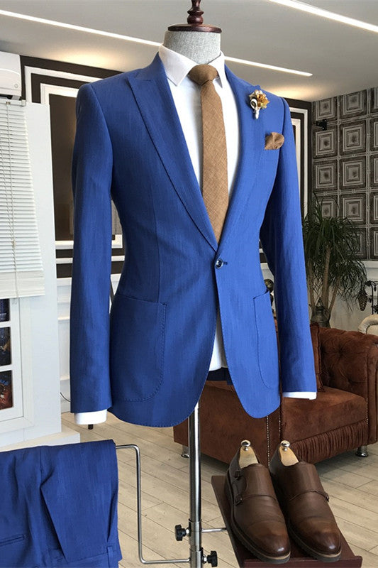 Elegant Blue Peaked Lapel Prom Suit For Men