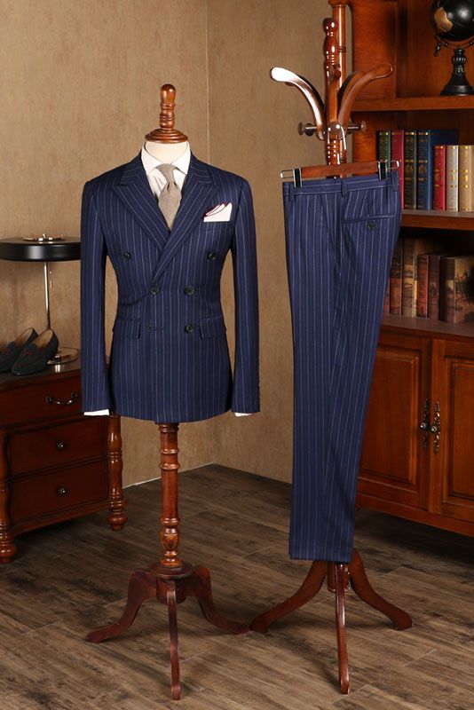 Elegant Blue Striped Double Breasted Men’s Business Suit