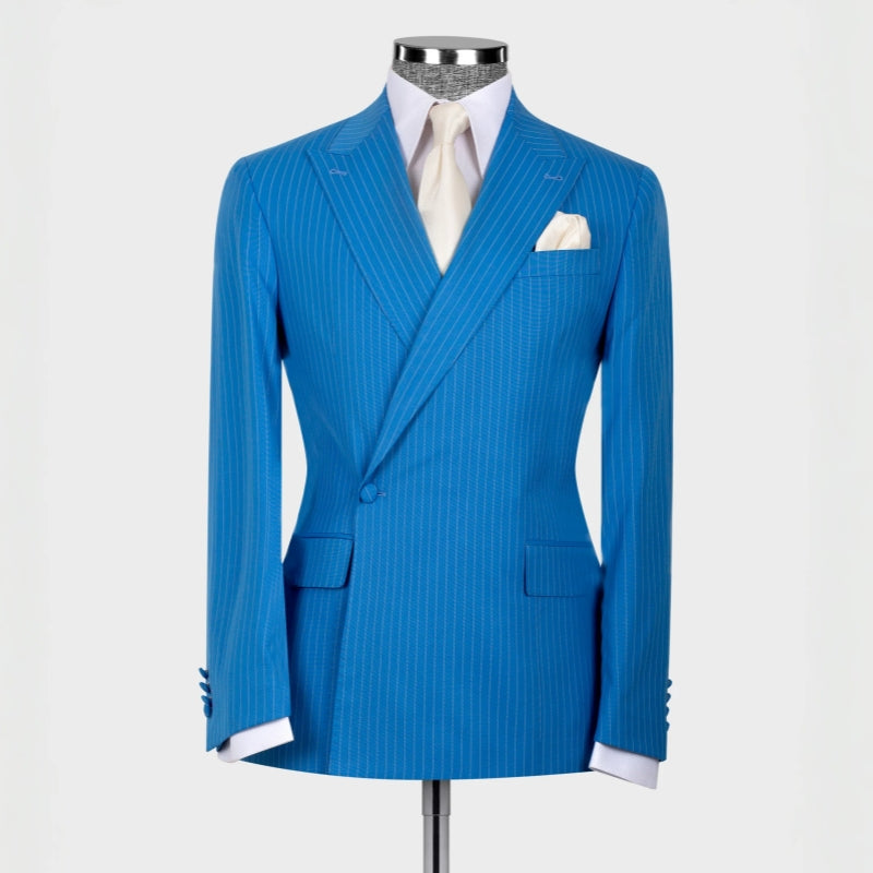 Elegant Blue Striped Peaked Lapel Bespoke Prom Suit for Men