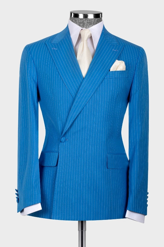 Elegant Blue Striped Peaked Lapel Bespoke Prom Suit for Men