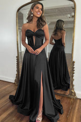 Elegant Blue Sweetheart Corset Prom Dress with A-Line Skirt and Front Split