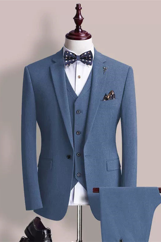 Elegant Blue Three-Piece Notched Lapel Prom Ensemble for Men