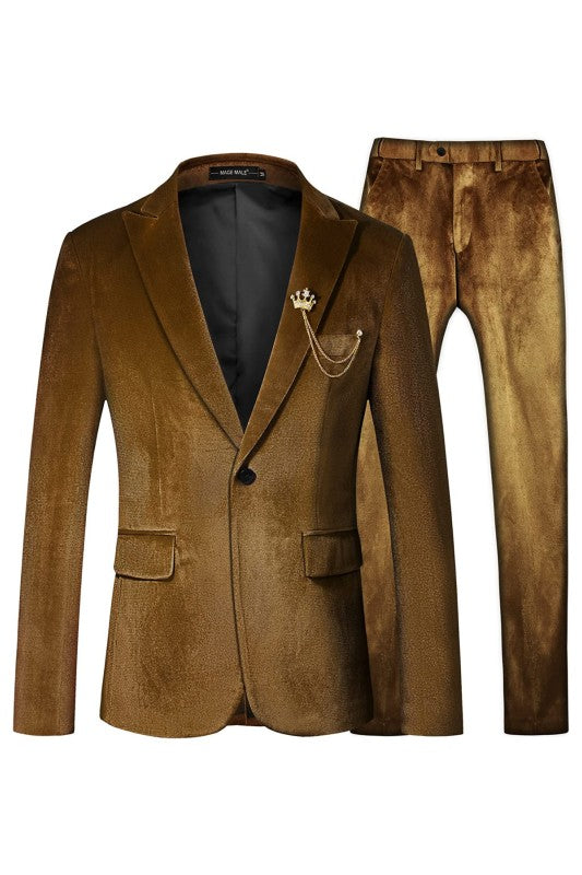 Elegant Brown Peaked Lapel Two-Piece Velvet Prom Suit For Men