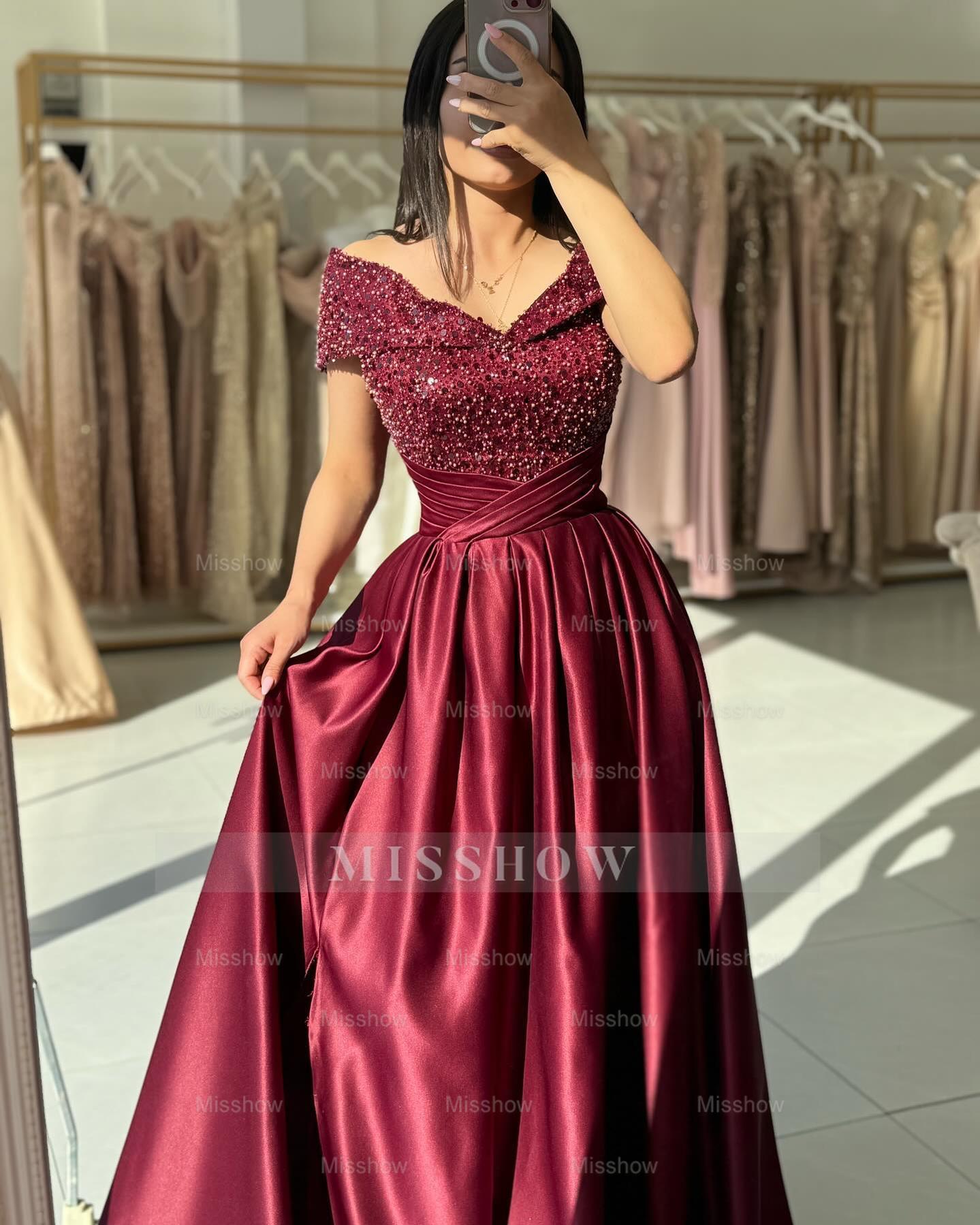 Elegant Burgundy Off-The-Shoulder Sleeveless A-Line Formal Dress with misshow.com Elegant Burgundy Off-The-Shoulder Sleeveless A-Line Formal Dress with misshow.com