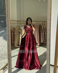 Elegant Burgundy Off-The-Shoulder Sleeveless A-Line Formal Dress with Beadings and Sequins