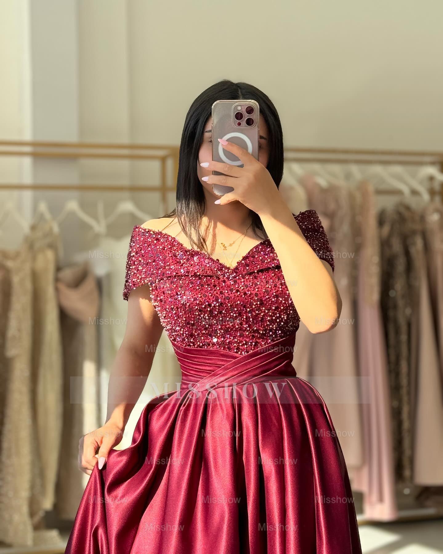 Elegant Burgundy Off-The-Shoulder Sleeveless A-Line Formal Dress with Beadings and Sequins