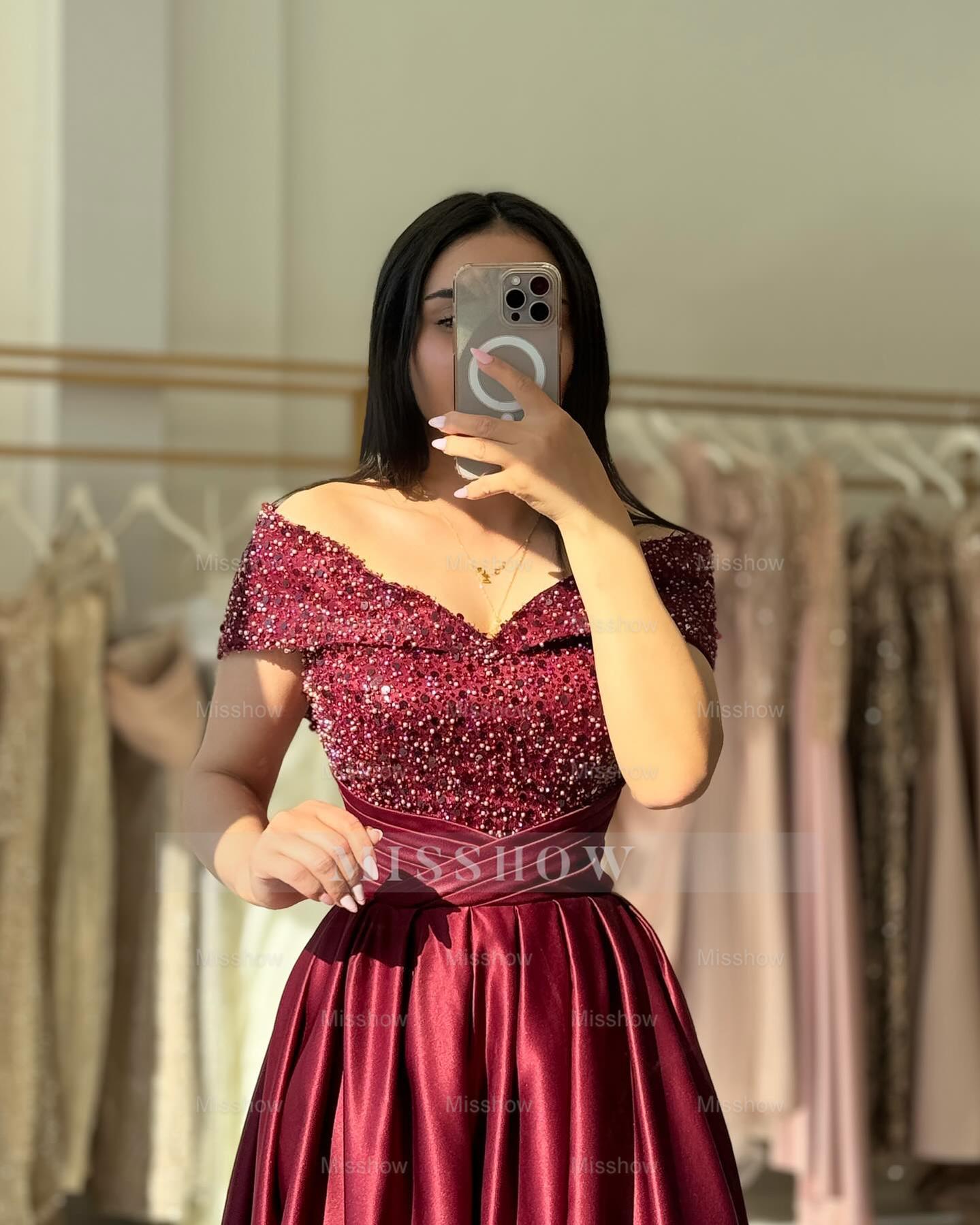 Elegant Burgundy Off-The-Shoulder Sleeveless A-Line Formal Dress with Beadings and Sequins