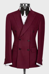 Elegant Burgundy Peaked Lapel Double Breasted Prom Attire