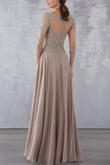 Elegant Champagne A-Line Crew Beaded Lace Illusion Half Sleeves Floor-Length Chiffon Formal Dresses