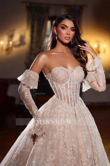 Elegant Champagne Sweetheart Sleeveless Sequined Lace Princess Ball Gown Wedding Dresses Elegant Champagne Sweetheart Sleeveless Sequined Lace Princess Ball Gown Wedding Dresses