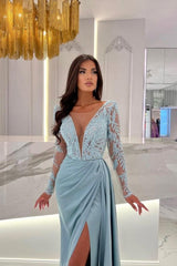 Elegant Column Floor-Length Split Front Long Sleeve V-Neck Stain Prom Evening Dresses with Lace