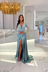 Elegant Column Floor-Length Split Front Long Sleeve V-Neck Stain Prom Evening Dresses with Lace