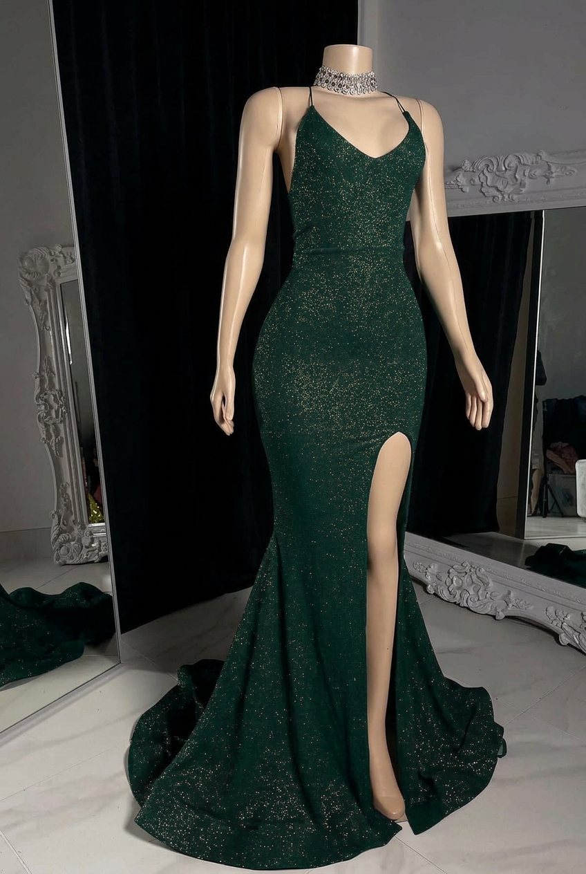 Dark green v-neck split-front mermaid prom dress