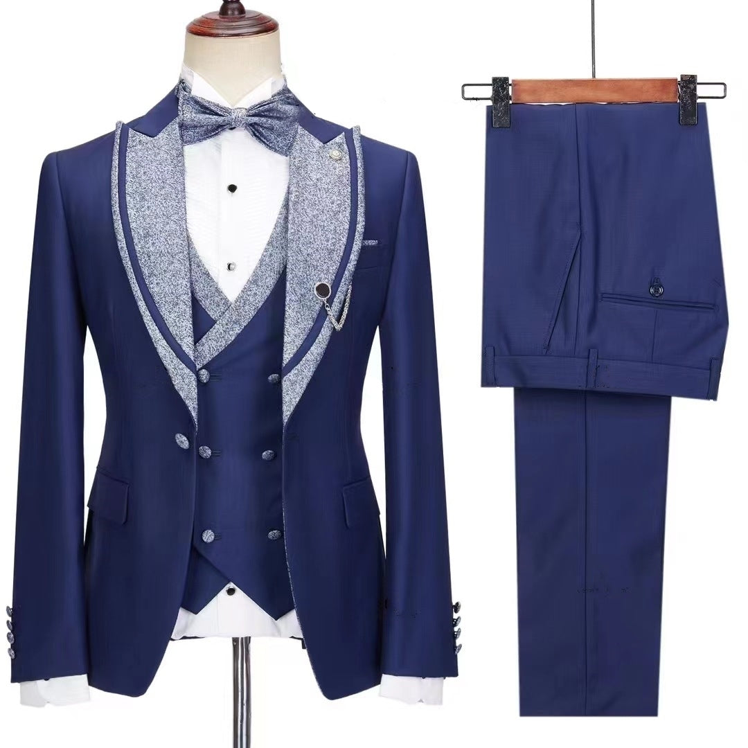 Elegant Dark Blue Peak Lapel Three-Piece Prom Suit