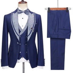 Elegant Dark Blue Peak Lapel Three-Piece Prom Suit