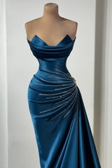 Elegant Dark Blue Sweetheart Sleeveless Beaded Column Panel Train Long Satin Evening Dresses With Ruffles