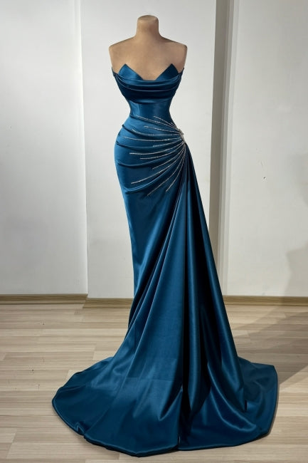 Elegant Dark Blue Sweetheart Sleeveless Beaded Column Panel Train Long Satin Evening Dresses With Ruffles