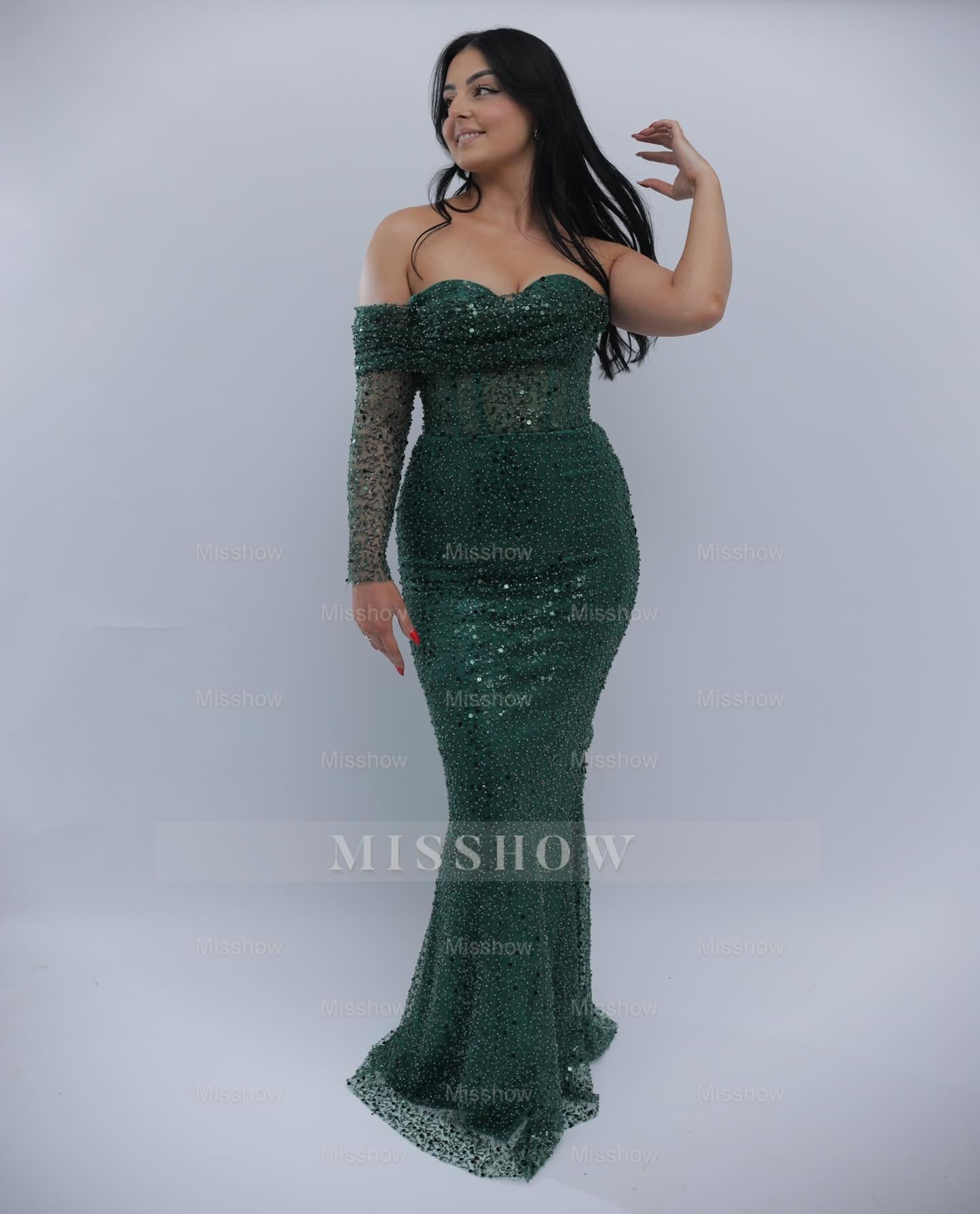 Elegant Dark Green One-Shoulder Beaded Mermaid Formal Dress with Sequins and Detachable Sleeve