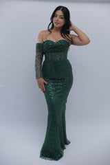 Elegant Dark Green One-Shoulder Beaded Mermaid Formal Dress with Sequins and Detachable Sleeve
