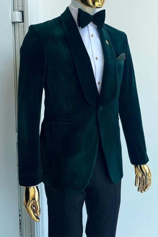 Elegant Dark Green Shawl Collar Two-Piece Velvet Wedding Outfit