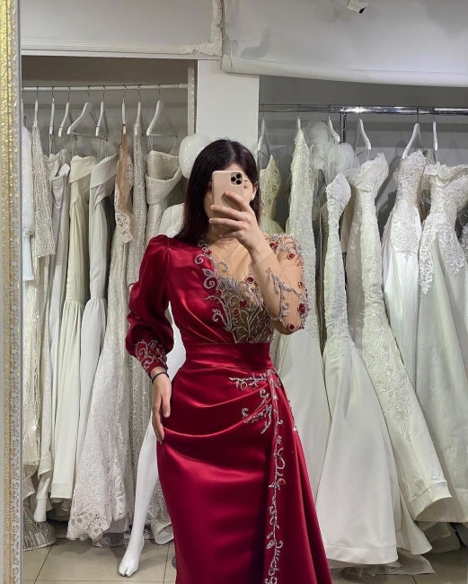 Elegant Evening Dresses Long Wine Red | Prom Evening Dresses with sleeves