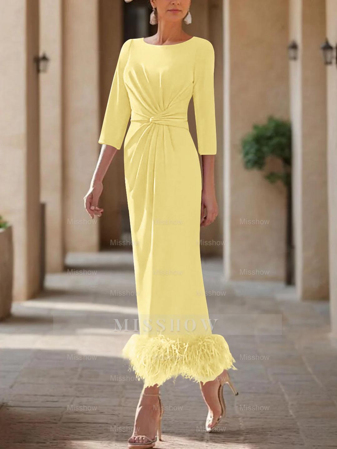 Elegant Feather-Adorned Scoop Neck Ankle-Length Dress for Mothers of the Bride & Groom
