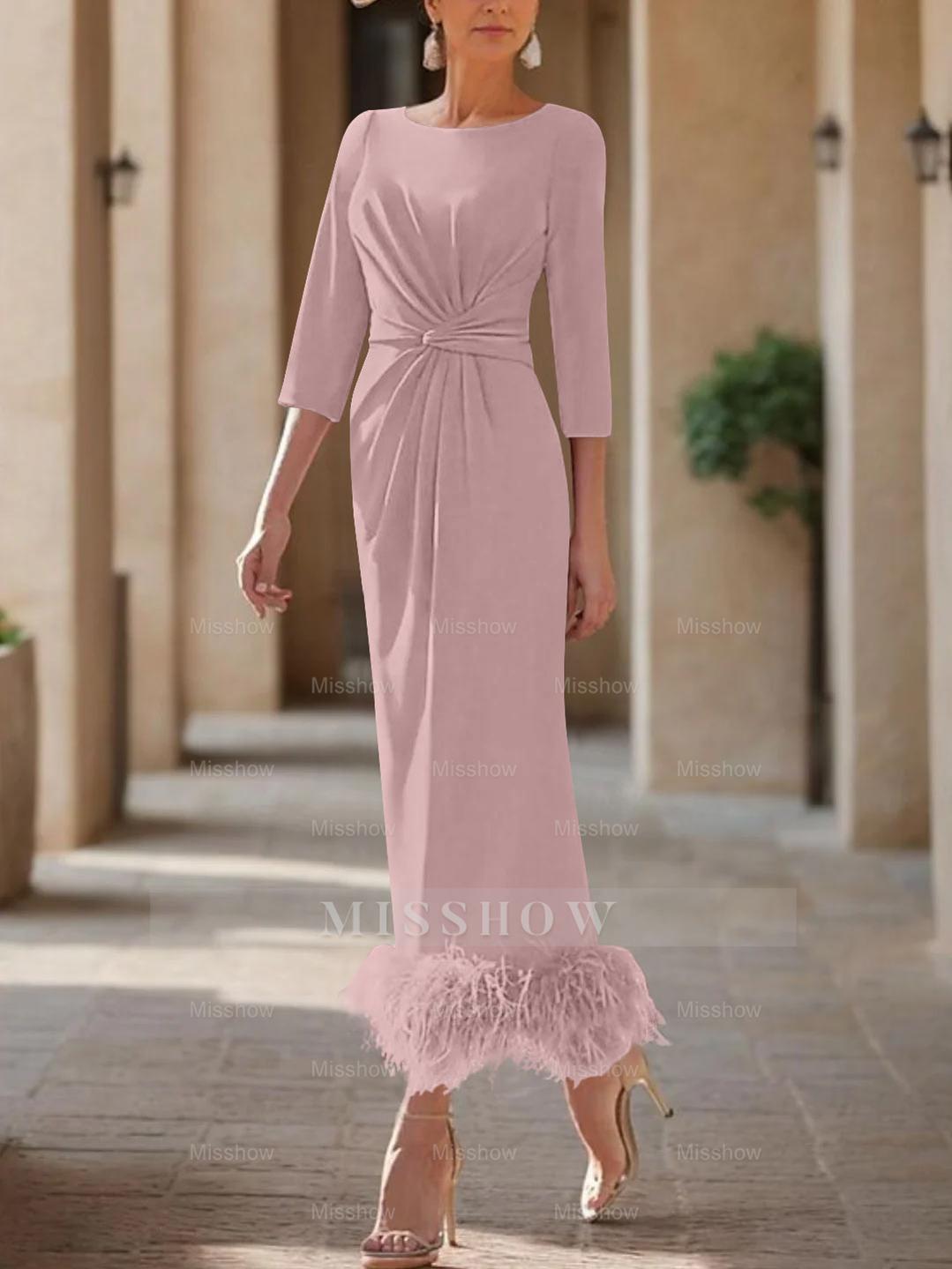 Elegant Feather-Adorned Scoop Neck Ankle-Length Dress for Mothers of the Bride & Groom