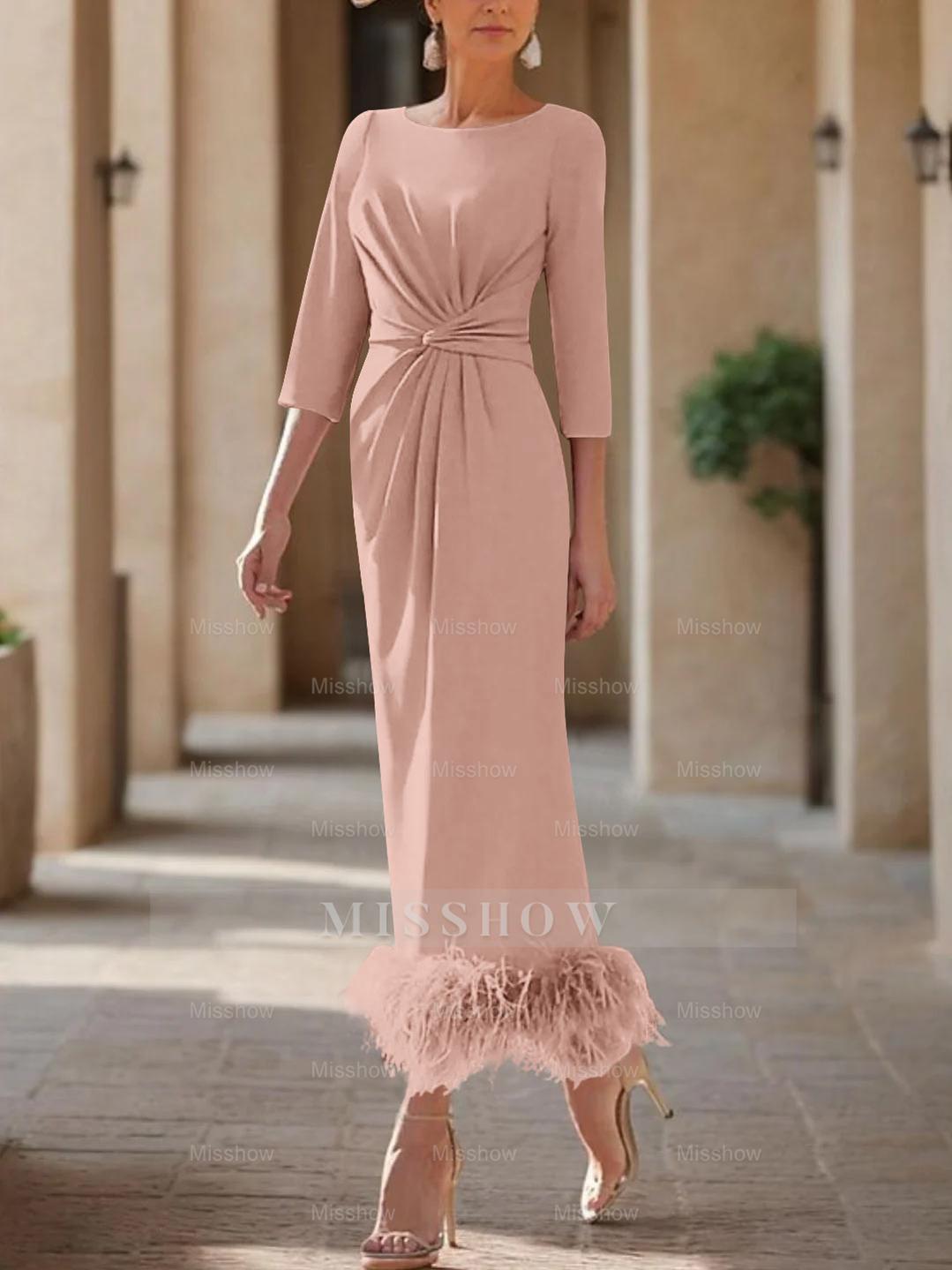 Elegant Feather-Adorned Scoop Neck Ankle-Length Dress for Mothers of the Bride & Groom