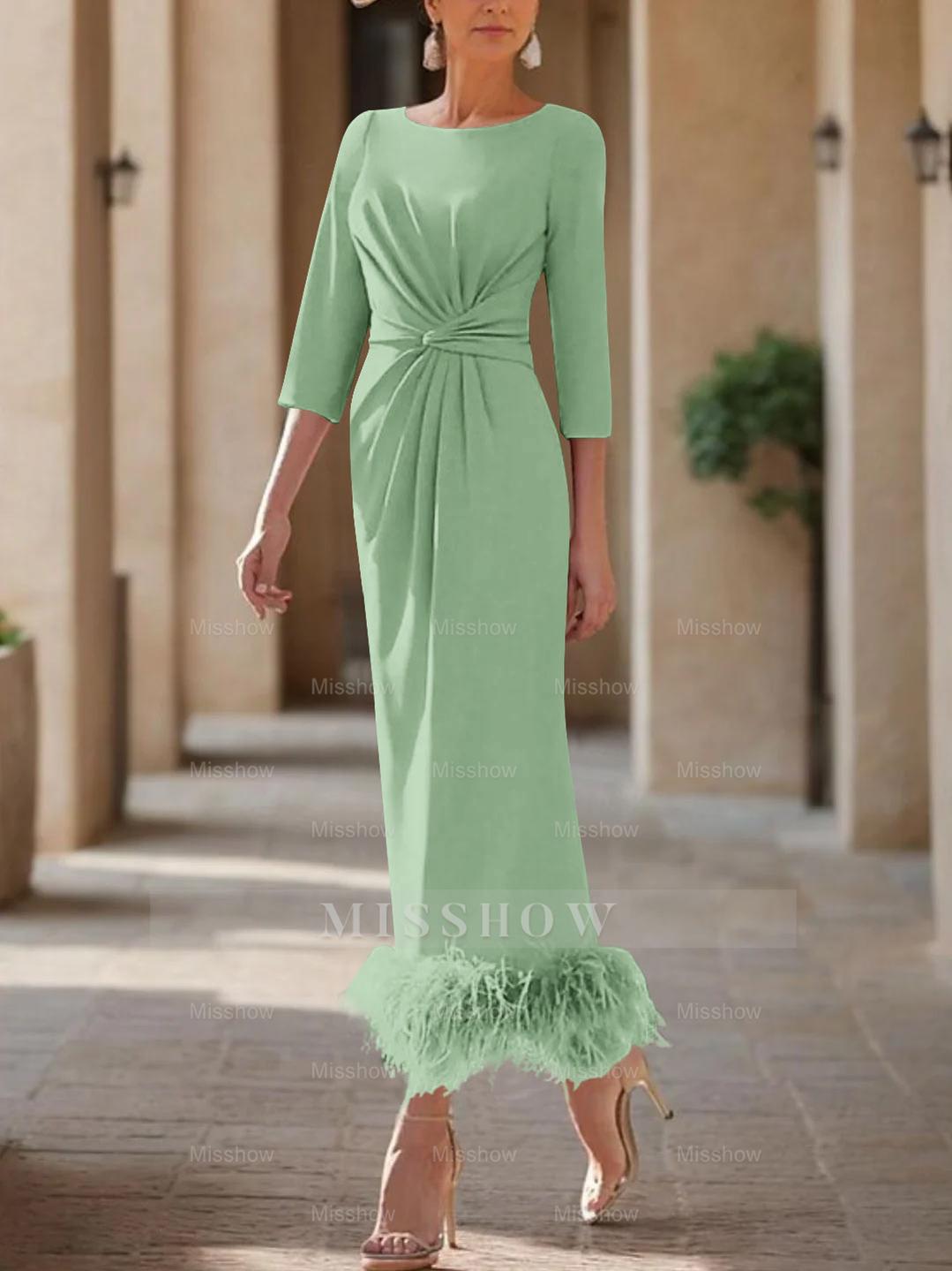 Elegant Feather-Adorned Scoop Neck Ankle-Length Dress for Mothers of the Bride & Groom