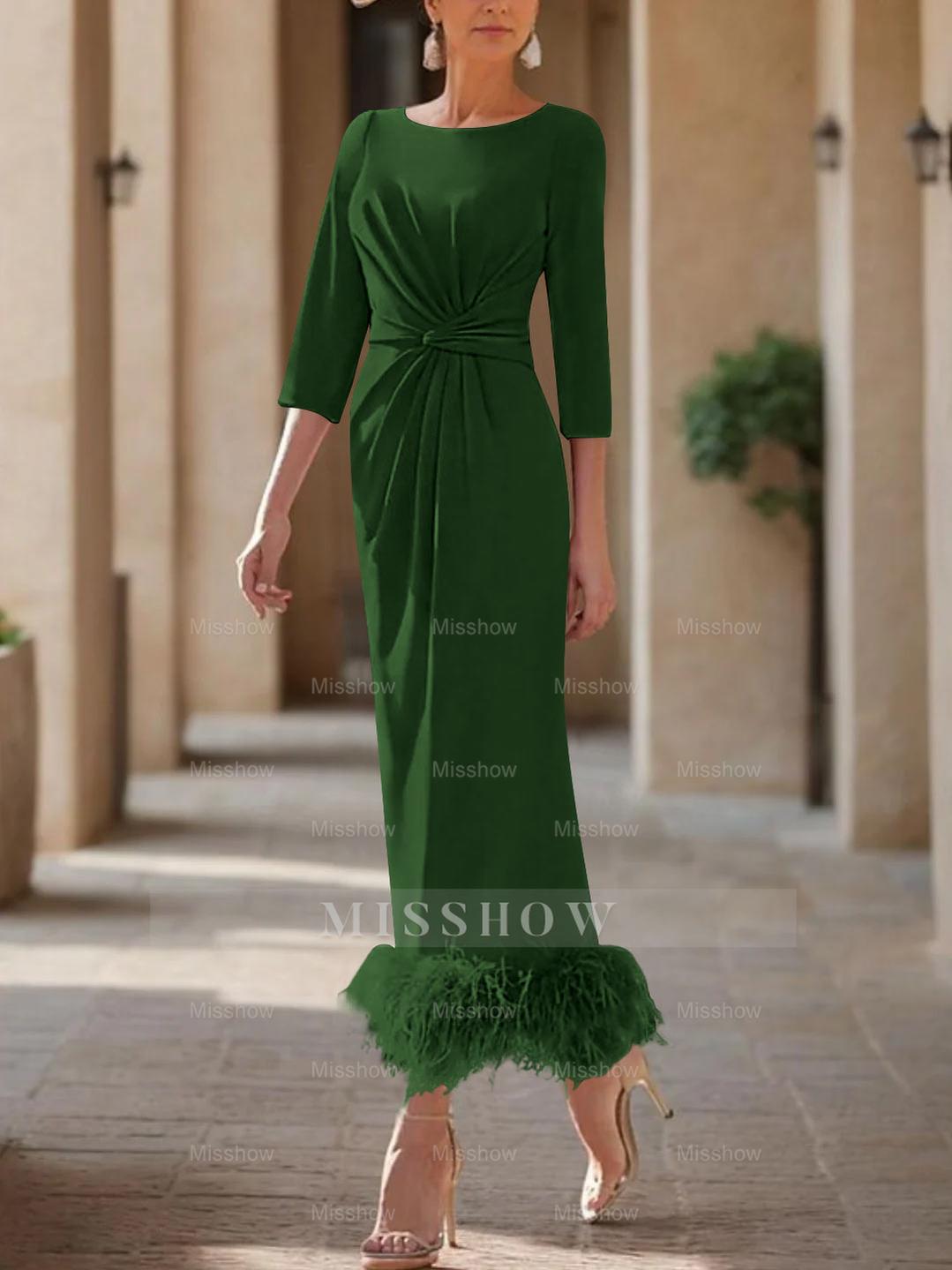 Elegant Feather-Adorned Scoop Neck Ankle-Length Dress for Mothers of the Bride & Groom