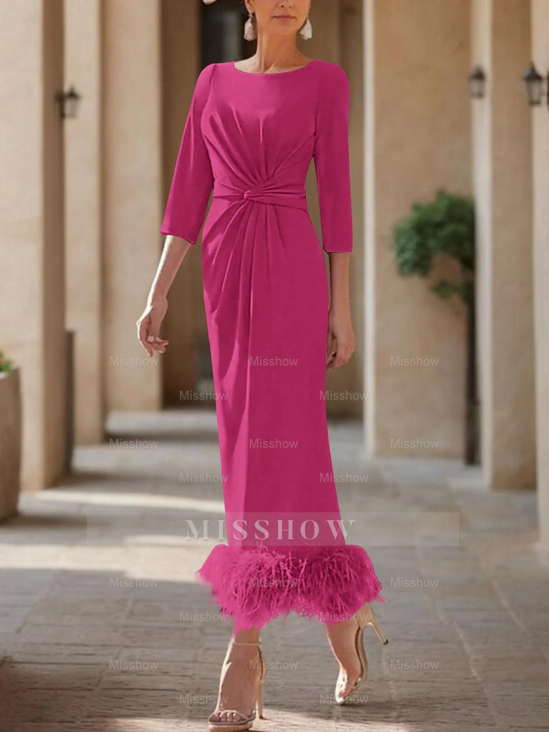 Elegant Feather-Adorned Scoop Neck Ankle-Length Dress for Mothers of the Bride & Groom