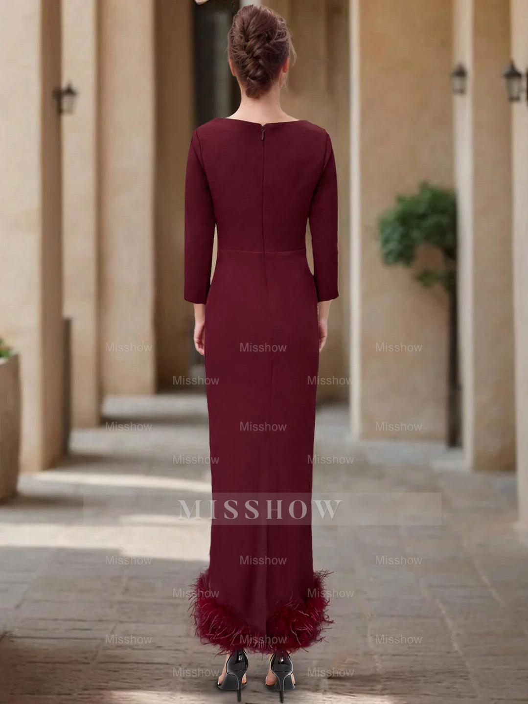 Elegant Feather-Adorned Scoop Neck Ankle-Length Dress for Mothers of the Bride & Groom